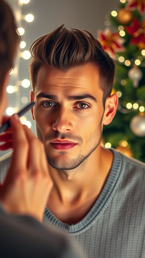 A man applying makeup for Christmas, with festive decorations in the background.